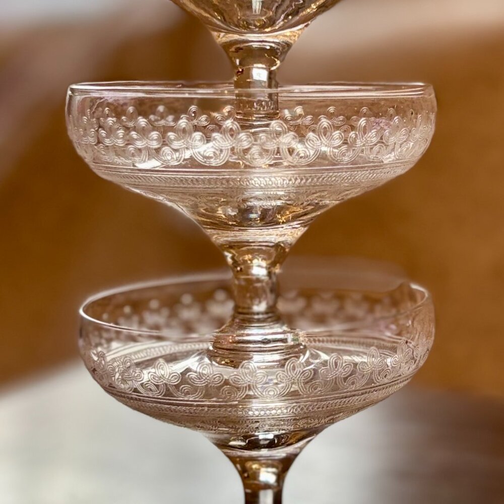 Fostoria Cloverleaf Etched Sherbets | Set of 3 | Antique Paneled Glass - Picture 6 of 7